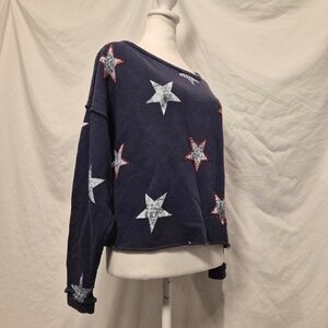 Free People Oversized Cotton Celestial Raw Hem Navy Starry Cropped Sweatshirt XS